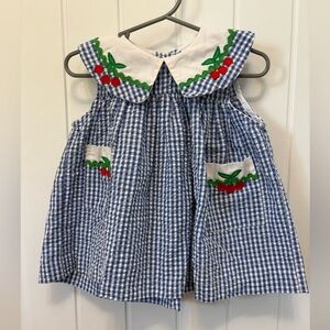 Baby Kisses Blue Gingham Dress with Cherry Embroidery. Size 18 months. Vintage.